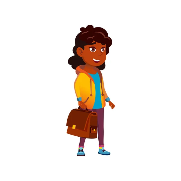 Afrikaans meisje met schooltas gaan naar huis na schoollessen cartoon vector — Stockvector