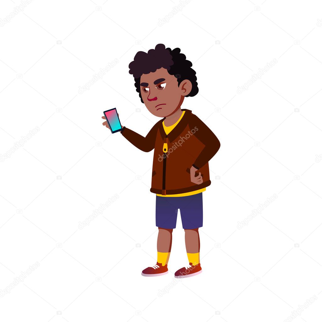 frustrated african boy reading sms message on phone screen cartoon vector
