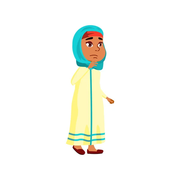 Triste fille musulmane enfant rêvant de nouvelle poupée dans le magasin de jouets vecteur de dessin animé — Image vectorielle
