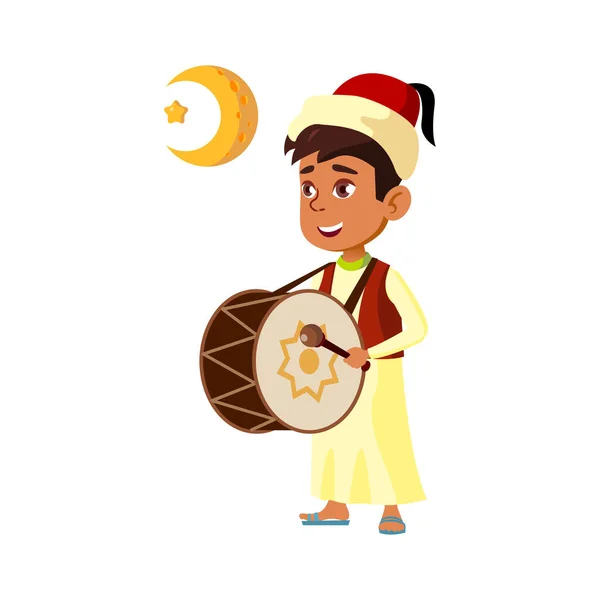 Arabien pojke spelar trumma på nationella festivalen tecknad vektor — Stock vektor