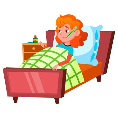 Grip hastası kız termometre karikatür taşıyıcısıyla yatakta yatıyor.