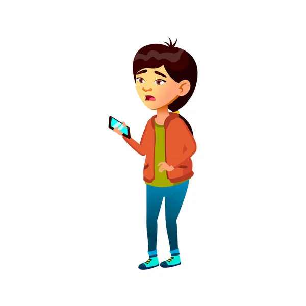 Shocked asian girl reading scary message on cellphone screen cartoon vector — Stock Vector