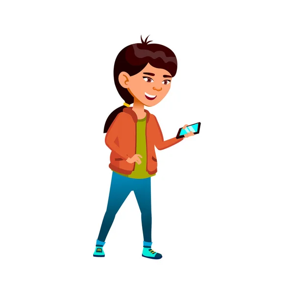 Asiatico ragazza teen chat con madre su telefono cartone animato vettore — Vettoriale Stock