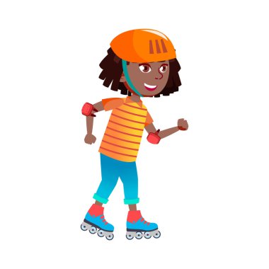 Koruyucu aksesuar takan mutlu kız paten sürüyor çizgi film vektörü.