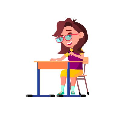 Mutlu istihbarat kızı, masa başı çizgi film vektörü sınıfında egzersiz yapıyor.