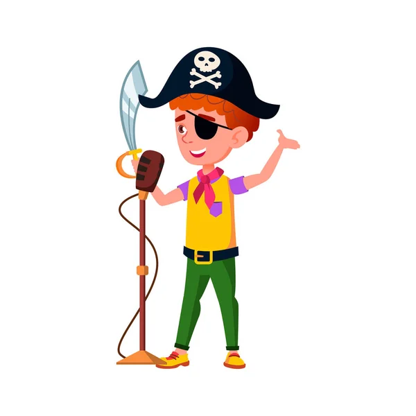 Lindo niño en traje de pirata con espada cantando en karaoke vector de dibujos animados — Vector de stock