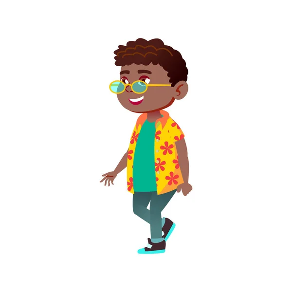 Κομψό αφρικανικό αγόρι σε γυαλιά ηλίου περπάτημα σε παραλία κινουμένων σχεδίων διάνυσμα — Διανυσματικό Αρχείο
