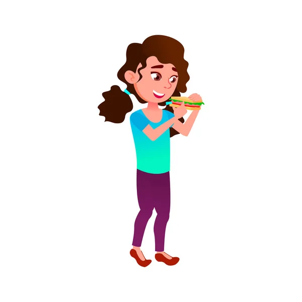 Happy girl teenager eating sandwich on street cartoon vector — Stock Vector