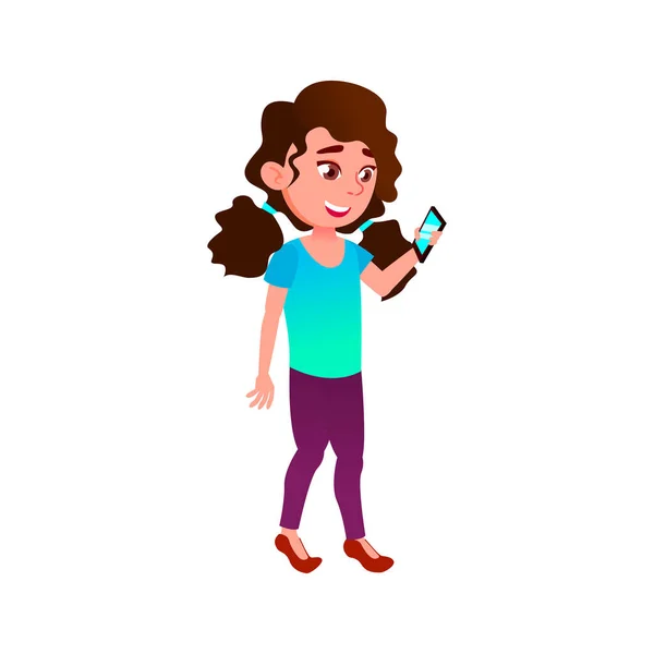 Sorridente ragazza adolescente giocare app gioco su smartphone vettore cartone animato — Vettoriale Stock