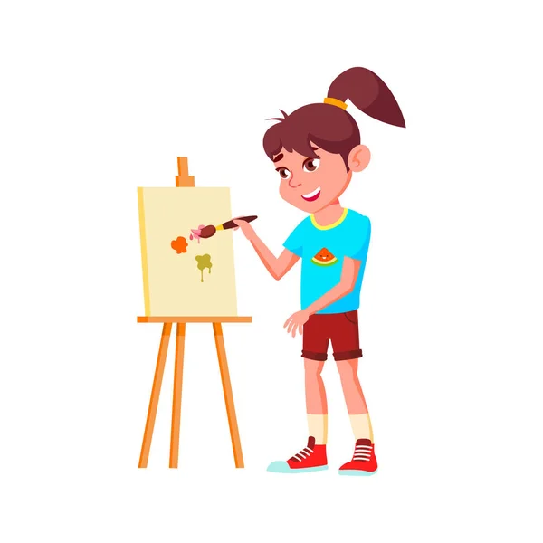 Bonito caucasiano menina desenhar imagem na lona com escova e pintura desenho animado vetor — Vetor de Stock