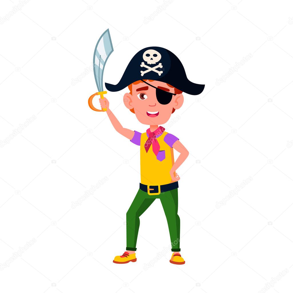 happiness boy kid hold pirate sword playing game with brother at home cartoon vector