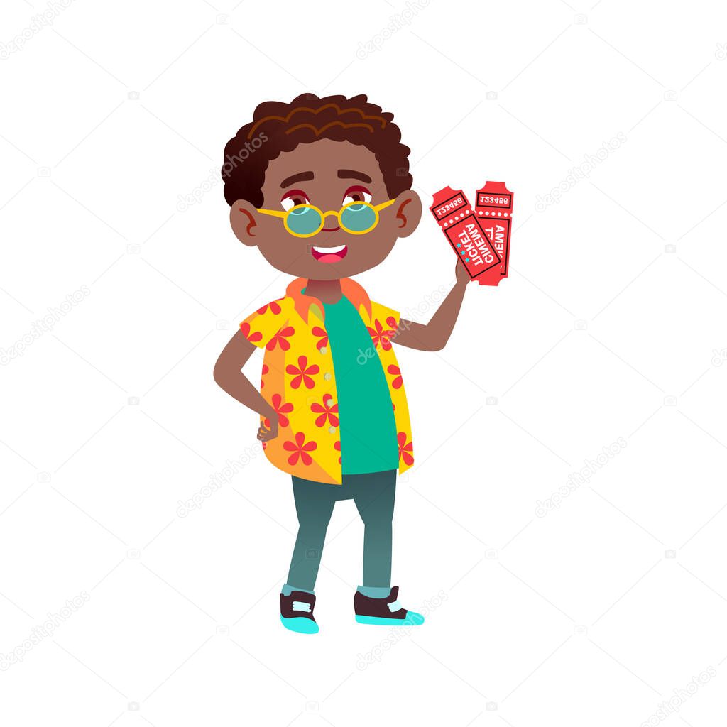 african boy holding tickets and inviting friend to cinema cartoon vector
