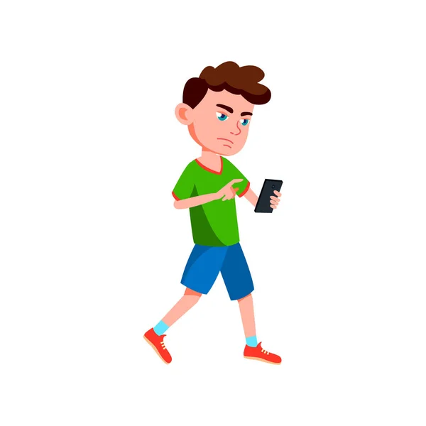 Menino triste andando na rua e jogar jogo no vetor de desenho animado smartphone — Vetor de Stock