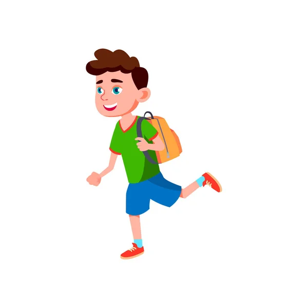 Glad skolpojke kör med ryggsäck efter skolan lektioner tecknad vektor — Stock vektor