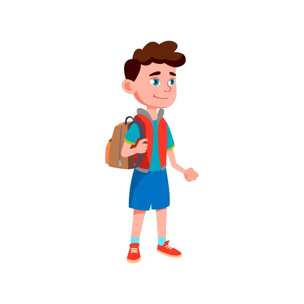 Schooljongen met rugzak wachten schoolbus op bushalte cartoon vector — Stockvector