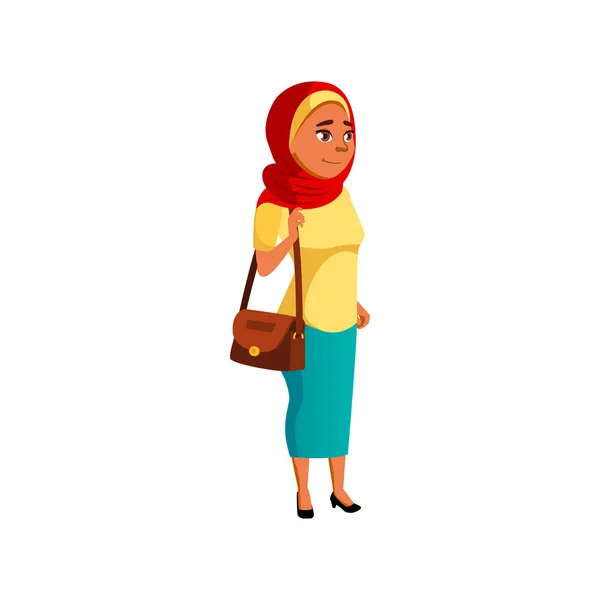 Arabe jeune fille marche avec sac dans l'épicerie dessin animé vecteur — Image vectorielle