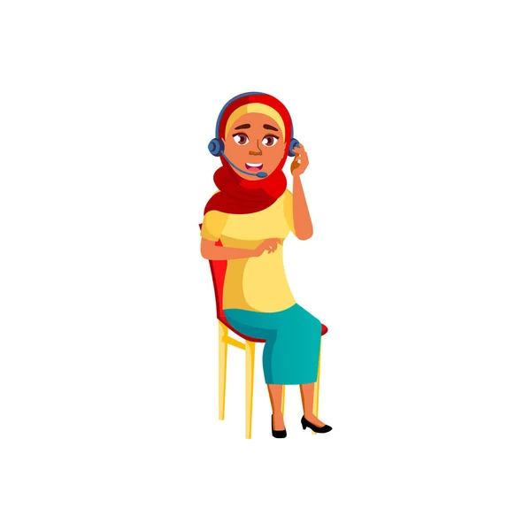 Islámská mladá žena se sluchátky pracuje v call centru karikatura vektor — Stockový vektor