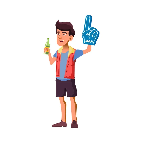 Niño bebiendo bebidas alcohólicas y el equipo deportivo de apoyo con el guante de la mano del ventilador en el estadio vector de dibujos animados — Vector de stock