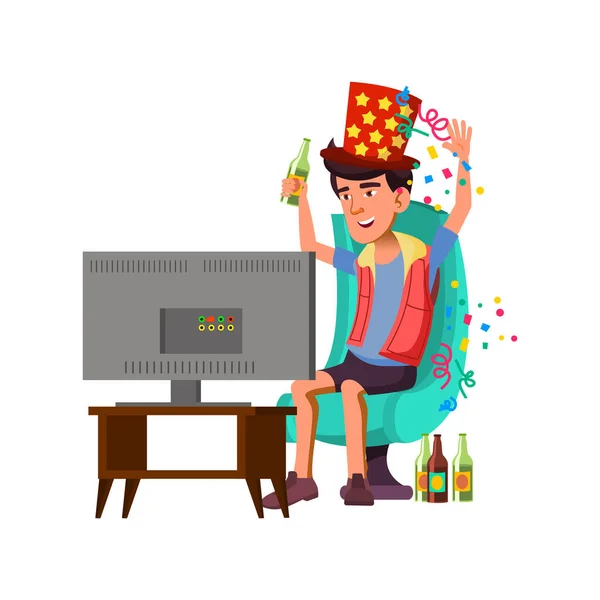 Feliz chico fan viendo partido de fútbol, beber cerveza y celebrar la victoria con confeti vector de dibujos animados — Vector de stock