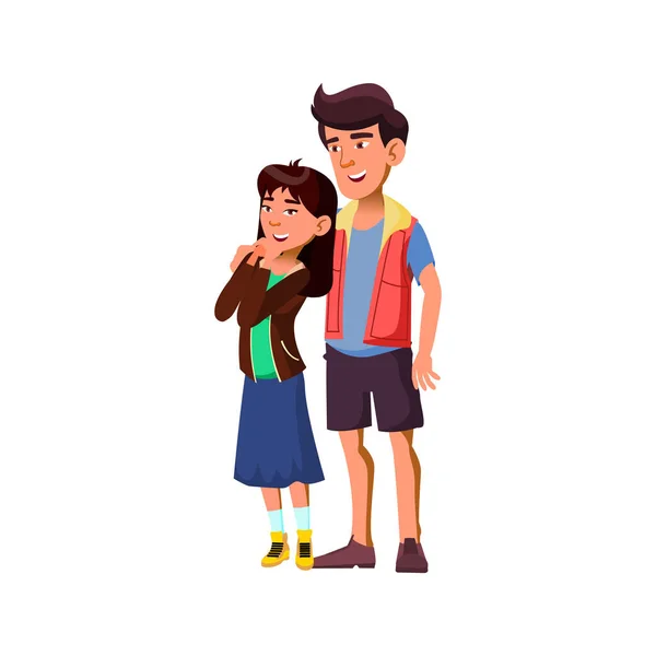 Jovem asiático casal menino e menina abraçando juntos no partido cartoon vetor —  Vetores de Stock