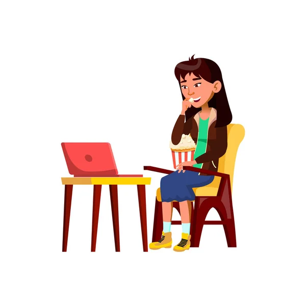 Kinesisk ung flicka titta på film på laptop och äta popcorn mellanmål tecknad vektor — Stock vektor