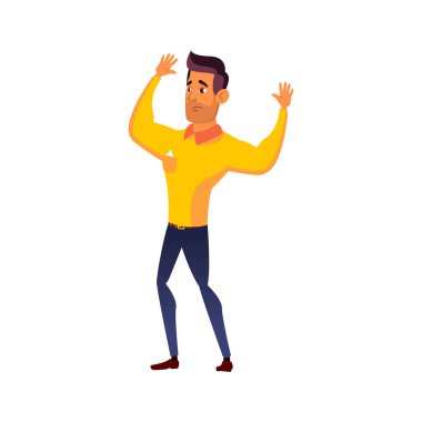 Kafası karışık adam ellerini banka çizgi film vektörüne koydu.