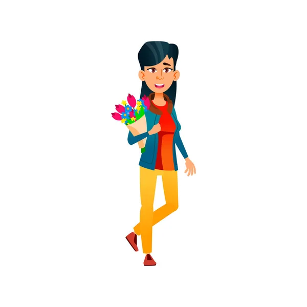 Young chinese girl walking with flower bouquet in park cartoon vector — Stock Vector