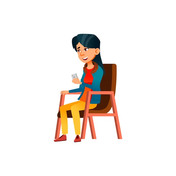 Pretty asian girl sitting in armchair with phone in living room cartoon vector — Stock Vector