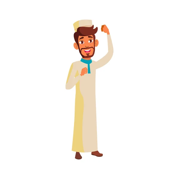 Homem muçulmano apoiando jogador favorito na competição desenho animado vetor — Vetor de Stock