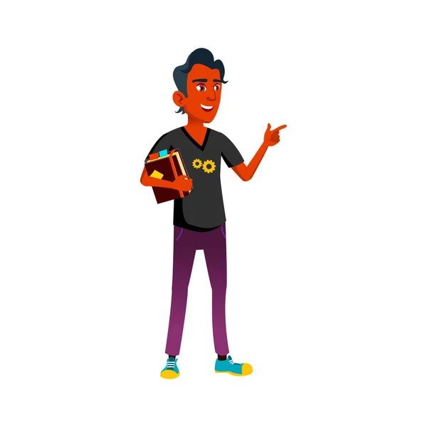 Indian guy student met boek in academie cartoon vector — Stockvector