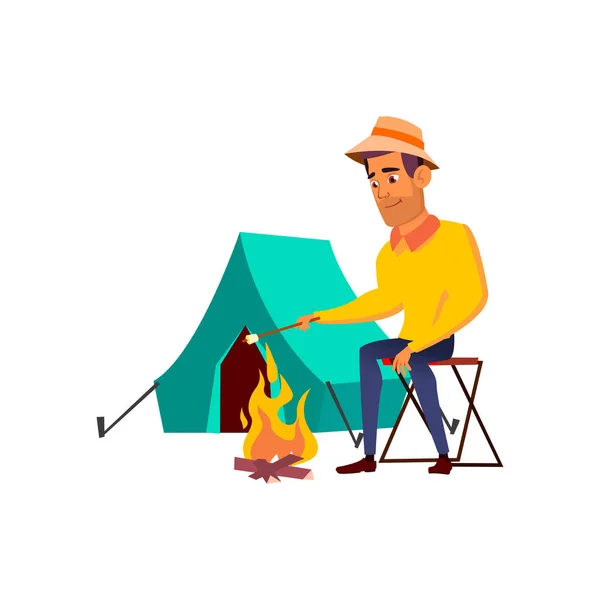 Hombre freír malvavisco en fuego de campamento en la naturaleza vector de dibujos animados — Vector de stock