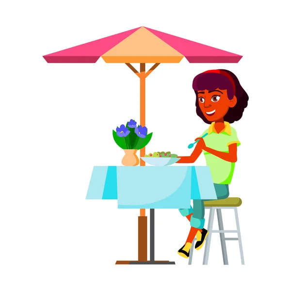 Happy hispanic lady eating delicious vegetarian salad on restaurant terrace cartoon vector — Stock Vector