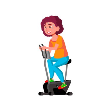 Mutlu kız spor salonu karikatür vektöründe velo eğitim aparatı üzerinde egzersiz yapıyor.