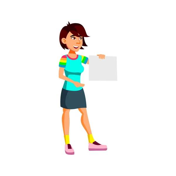 Chinese girl holding blank paper list at school cartoon vector — Stock Vector