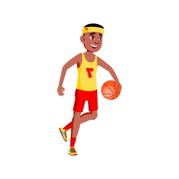 Χαρούμενος αφρικανός τύπος παίζουν μπάσκετ άθλημα παιχνίδι κινουμένων σχεδίων διάνυσμα — Διανυσματικό Αρχείο