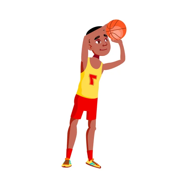 Αφρικανός παίκτης μπάσκετ αγόρι ρίχνουν μπάλα στο καλάθι κινουμένων σχεδίων διάνυσμα — Διανυσματικό Αρχείο
