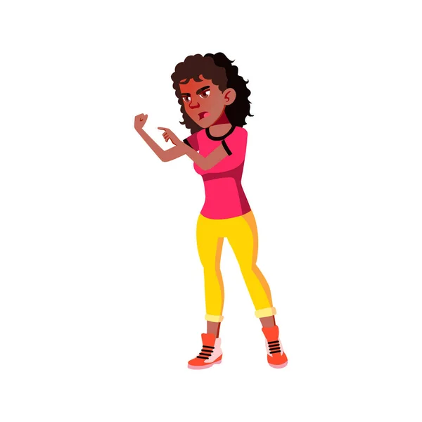 Dispettoso africano ragazza urlando e mostrando pugno a nemico cartone animato vettore — Vettoriale Stock