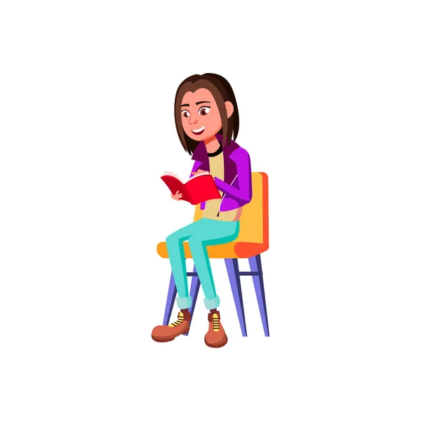 Sorridente menina jovem lendo livro interessante na sala de espera cartoon vector — Vetor de Stock