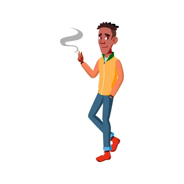 在公交车站抽烟的非洲男孩卡通病媒 — 图库矢量图片
