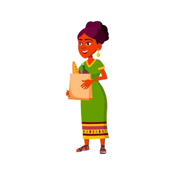 Mujer india con bolsa de comida en la tienda de comestibles vector de dibujos animados — Vector de stock