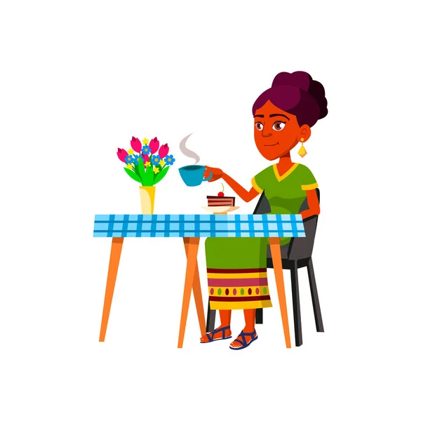 India dama tiene desayuno en cocina mesa de dibujos animados vector — Vector de stock