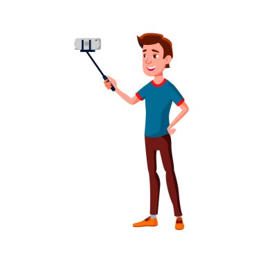 Gülümseyen çocuk akıllı telefon çizgi film vektöründe selfie çekiyor.