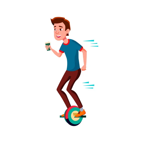 Man rijden monowheel en drinken koffie cartoon vector — Stockvector