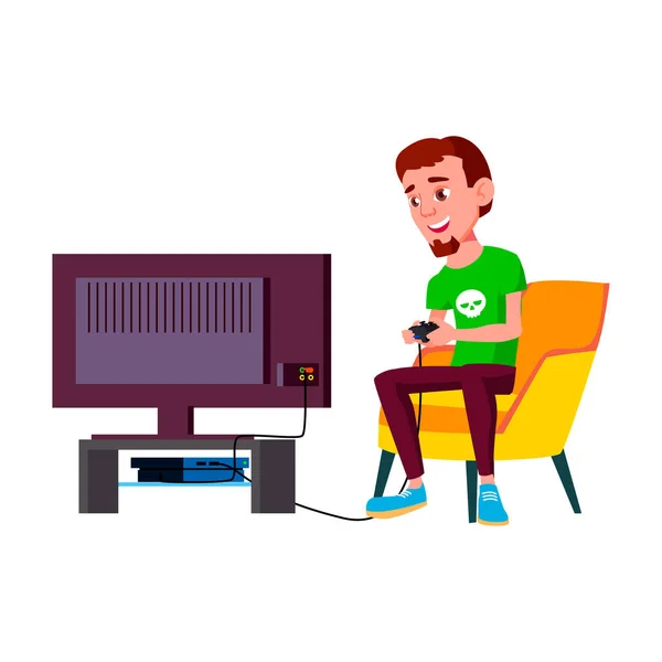 Menino jogando jogos de vídeo no console na sala de estar desenho animado vetor —  Vetores de Stock