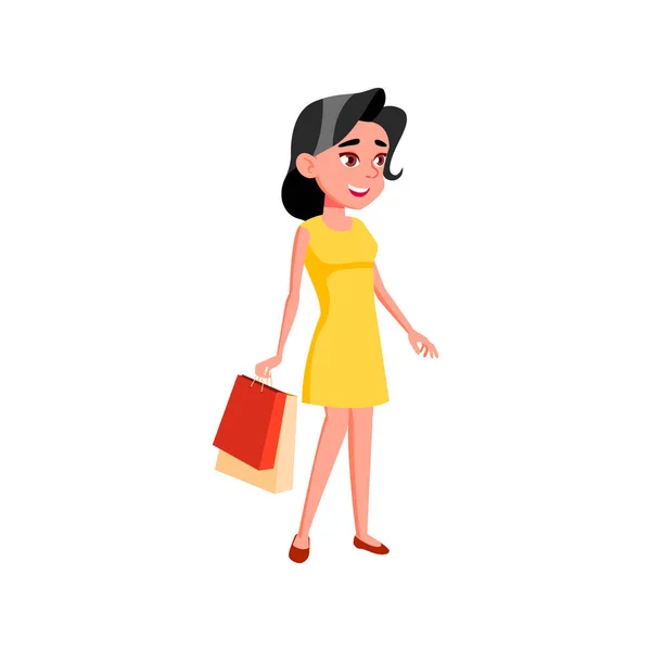 Gelukkig modieuze dame winkelen in kleding winkel cartoon vector — Stockvector