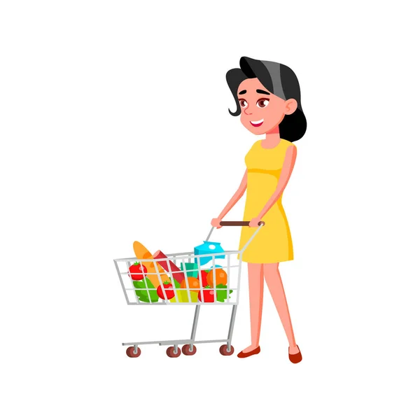 Young lady buying products food in supermarket cartoon vector — Stock Vector