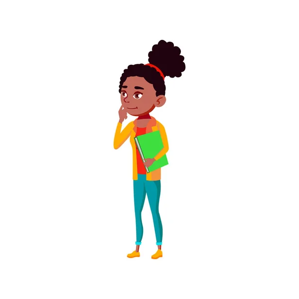 Menina adolescente aluno de pé no corredor da escola com livro de educação vetor de desenhos animados — Vetor de Stock
