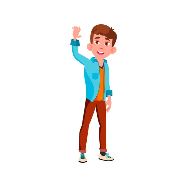 Smiling caucasian boy teen greet friends on party cartoon vector — ストックベクタ