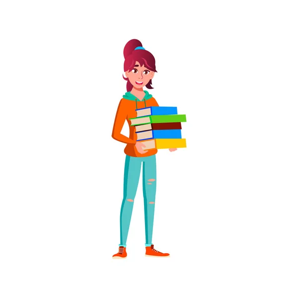 Dziewczyna gospodarstwa stos książek w bibliotece dla celów studiów wektor kreskówek — Wektor stockowy