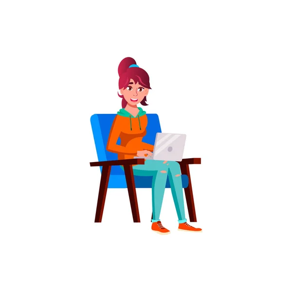 European girl sitting on armchair and watches videos on notebook cartoon vector — Stock Vector